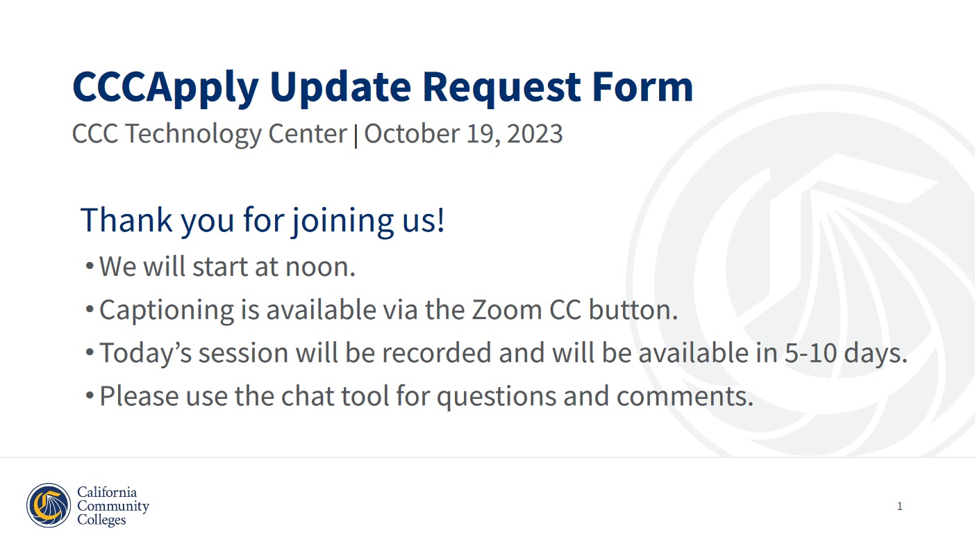 Preview of first page of Webinar: CCCApply Update Request Process